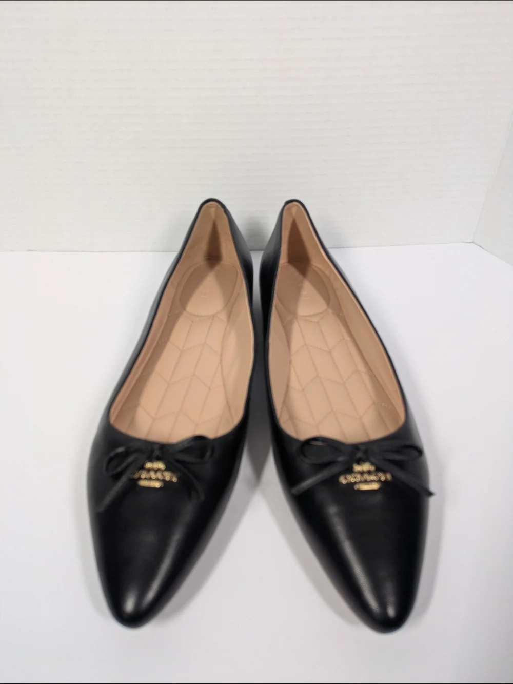 Coach Black Leather Pointed Ballet Flats with Bow and Gold Charm